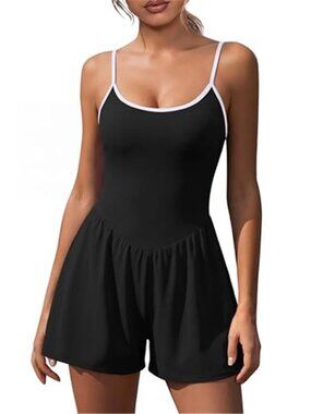 Black Athletic Romper with Built-In Shorts Adjustable Strap Summer Activewear